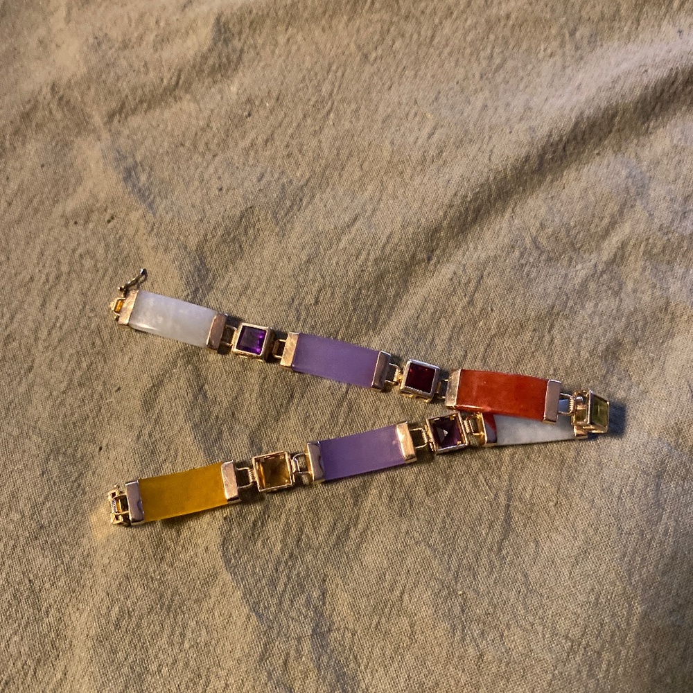 "ELEGANT" 14k Gold Multi Jade Bar & Multi Gemstones Bracelet 7.5”Long